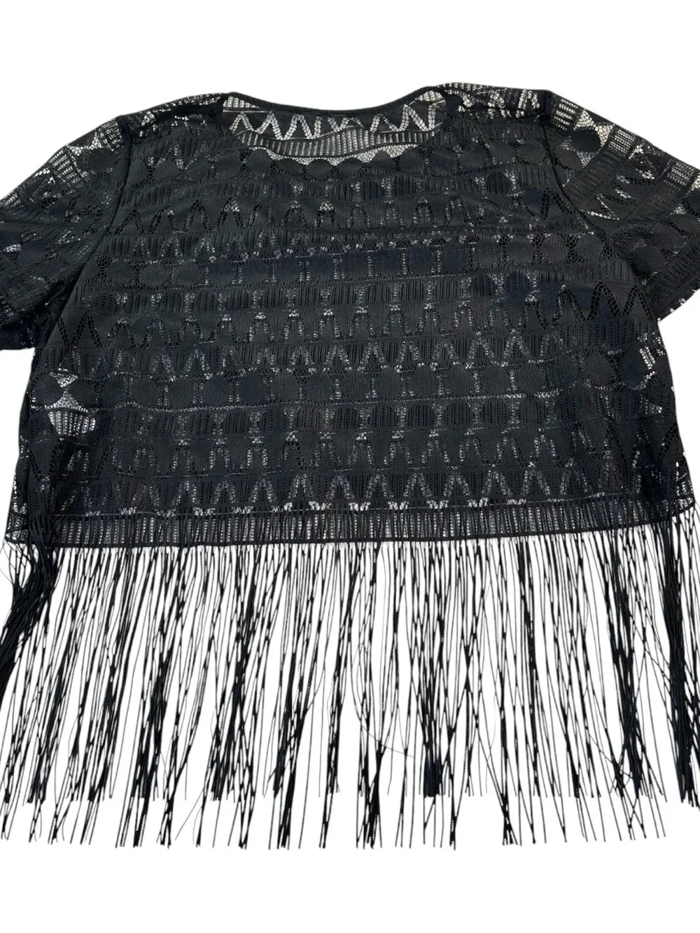 SHEIN Black Fringe Lace Crop Top XL Boho Festival Geometric